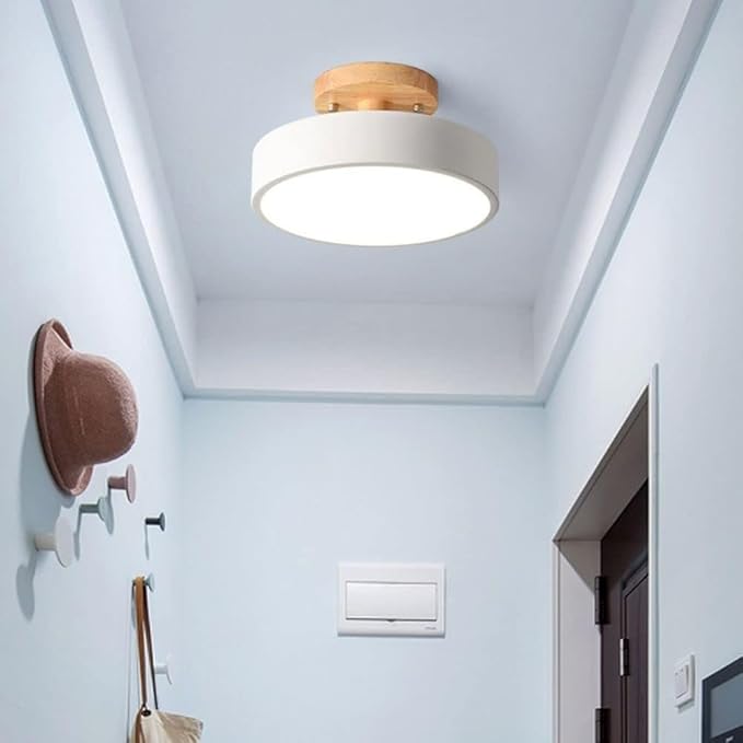 Close To Ceiling Lights Round Metal Three-Color Led Ceiling Light Minimalist Circle Wood Canopy Ceiling Lamp Semi Flush Mount Ceiling Light Fixtures for Restaurant Living Room Kitchen Entry Hallway Ba
