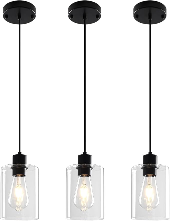 3 Pack Black Pendant Lights Kitchen Island, Modern Glass Pendant Lighting Over Island Kitchen Hanging Bathroom Ceiling Light Fixtures Adjustable Pendant Lights for Dining Room Hallway Bedroom