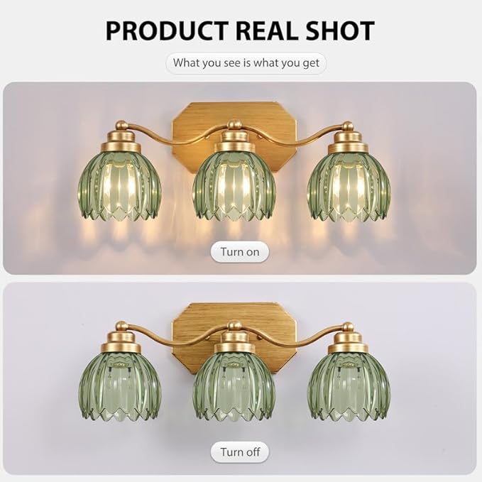 VbiTmn Gold Bathroom Light Fixtures, 3 Light Vintage Vanity Lights, Antique Brass Brushed Gold Finish, Crystal Green Glass Shade, Mid Century Wall Sconces for Bedroom, Living Room, Hallway