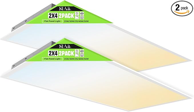 2x4 LED Flat Panel Light 50/40/35/30/25W 6500lm Adjustable, 0-10V Dimmable LED Flush Mount Ceiling Light Fixtures, 2.7K/3K/3.5K/4K/5K Selectable for Office Kitchen Garage - ETL Listed