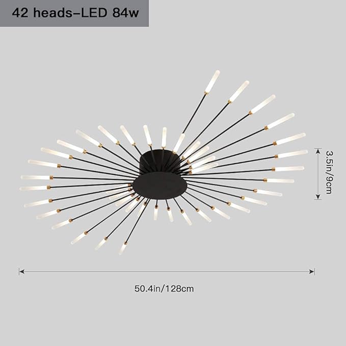 JAYMP 50.4“ Ceiling Light Modern Flower Shape Ceiling Lamp for Living Room Dining Room Flush Mount Metal Acrylic Sputnik Firework Petal LED Lighting Fixture (Matte Black, 42 Lights)