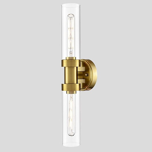Modern 2-Light Gold Wall Sconce with Clear Glass Shade 20-Inch Brass Glass Bathroom Wall Light Fixtures for Hallway Staircase Living Room