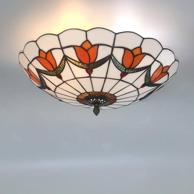 16 Inch Tiffany Style Stained Glass Ceiling Light Flush Mount Ceiling Light Vintage Chandeliers Pendent Light Fixtures (16 Inch Orange)
