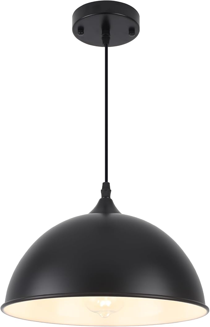 Black Farmhouse Pendant Light with Adjustable Cord - 11.8 Inch Dome Pendant for Kitchen Island, Dining Room, Bar, Foyer, Hallway