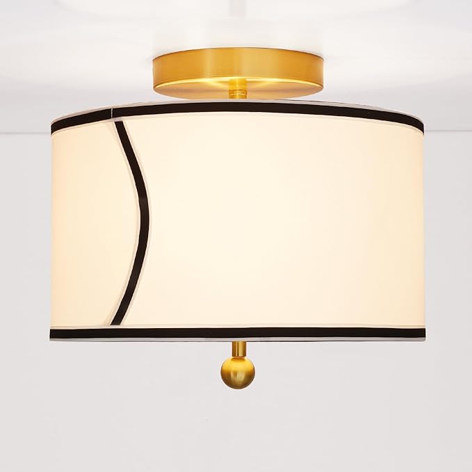 12.6" Drum-Shaped White Fabric Flush Mount Ceiling Light with 3-Light Fixture, Recessed Roll-in Installation, Ideal for Living Room, Bedroom, Bathroom, Farmhouse Foyer
