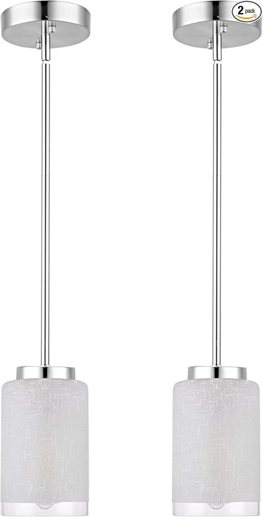 2 Pack Pendant Light Fixtures, Indoor Brushed Nickel Kitchen Island Hanging Lights Adjustable Vintage Lamp, Mini Pendant Lights with Linen Glass Shade for Living Room Bedroom Hallway
