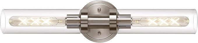 SANTOSTOCK Brushed Nickel 2-Light Bathroom Vanity Light Fixture, Modern Bathroom Sconces Wall Lighting W/Clear Glass Shade, Horizontal and Vertical Wall Mount Lamp for Mirror Hallway Kitchen