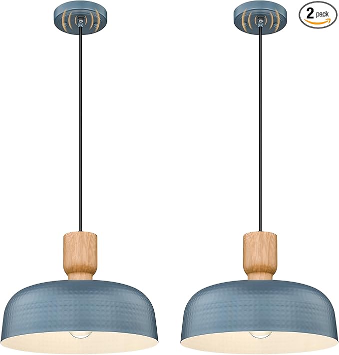 Darkaway Dusk to Dawn Industrial Pendant Light Fixtures Ceiling Hanging with Hammered Metal Shade, 2pcs Blue Pendant Light for Outdoor Porch Lighting Hanging Lamp Adjustable Height