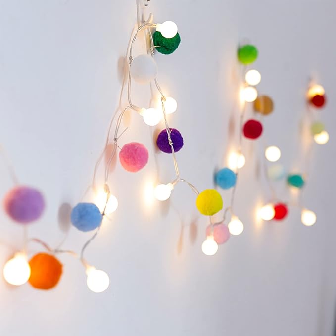 ChiRee Indoor Pom Poms Fairy Lights - 6.56 Feet, 20 LED, Battery Operated, Warm White Globe Lights for Home, Bedroom, Kids Playhouse, Holiday, Christmas
