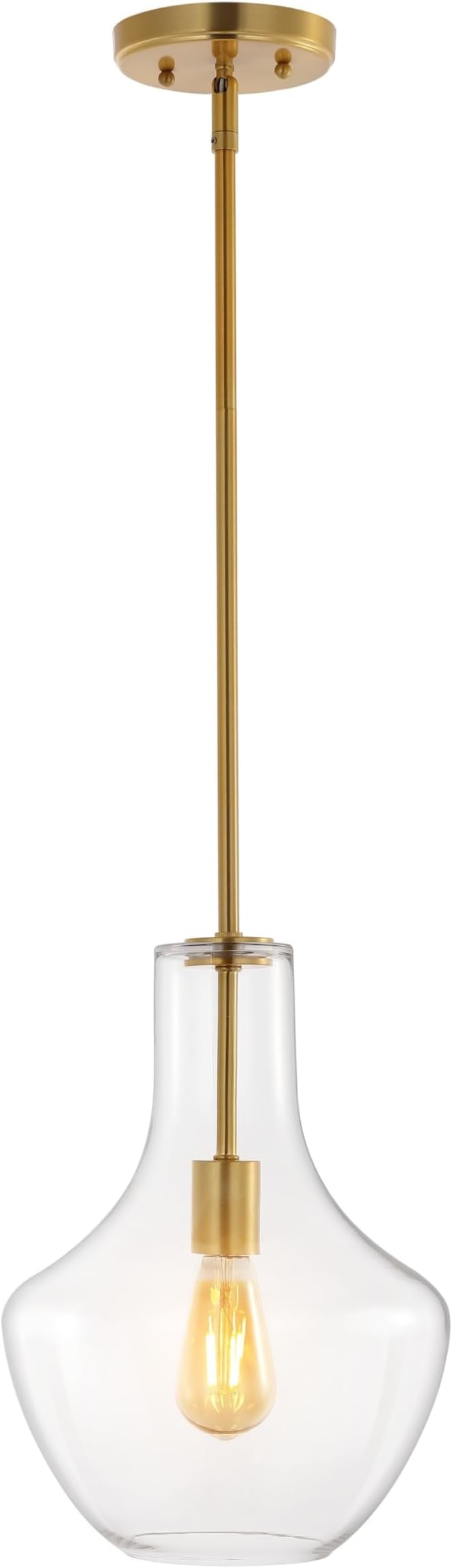 JONATHAN Y 10.5" Brass Gold/Clear Mid-Century Modern 1-Light LED Pendant Light Fixture, Adjustable Schoolhouse Hanging Lamp for Kitchen Island, Clear Glass Shade, LED Bulb Included (JYL6400C)