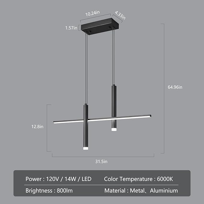 Modern LED Linear Pendant Light with Dual Spotlights Dimmable 6000K Pendant Lights Kitchen Island Ceiling Hanging Black Chandeliers for Dining Room Table Kitchen Living Room Bedroom(L31.5in)