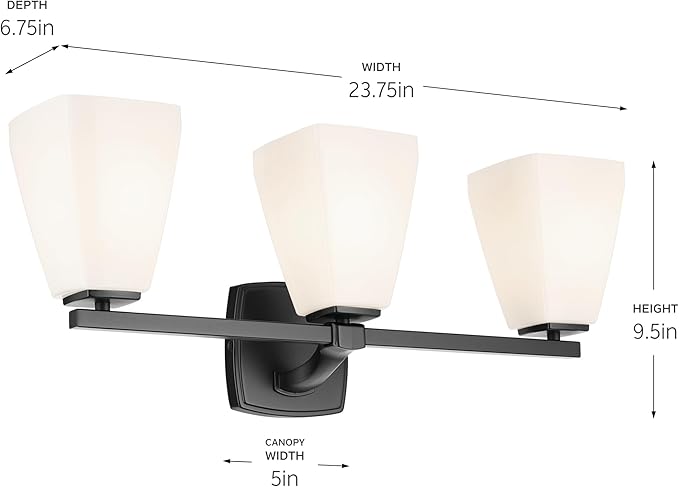 Kichler Marant 21.25" 3-Light Bathroom Vanity Light Fixture with Opal Glass in Black, Modern Wall Mount Lighting for Powder Room Over Mirror (21.25" W x 9.5" H), 55216BK