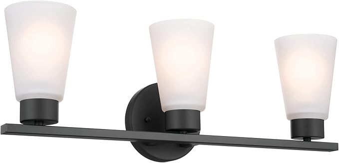 Kichler Stamos 3-Light Bathroom Vanity Light Fixture with Satin Etched Glass Shades, 22 in Modern Wall Light in Black for over Mirror (22 in x 5 in x 8 in), 52608BK