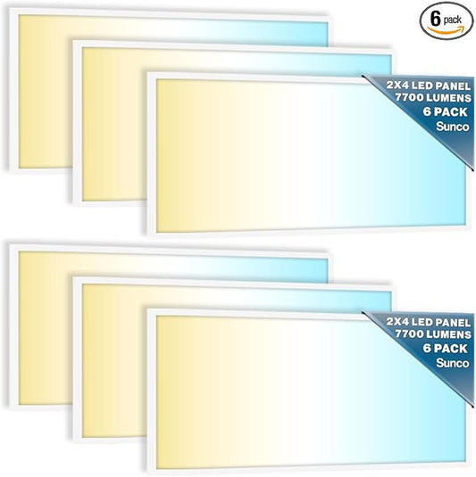 Sunco 6 Pack 2x4 LED Flat Panel Light Drop Ceiling Office Fixture, 7700 LM, Selectable Features, 40W/50W/60W, 4000K/5000K/6000K, Dimmable (0-10V), Surface or Suspension Mount, Dustproof ETL.