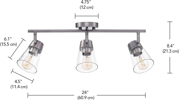 GLOBE Electric 64000045 24" 3-Light Track Lighting, Pewter, Clear Glass Shades, Ceiling Light, Pivot Shade, 3 Bulb, Kitchen Lights, E26 Socket