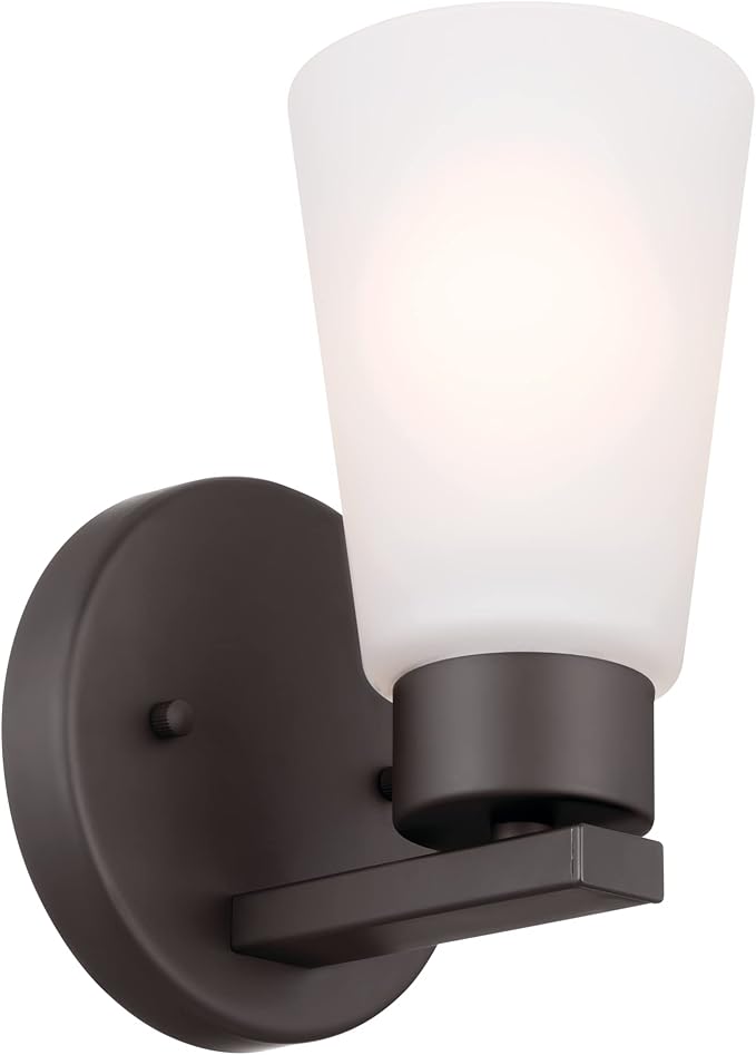 Kichler Stamos Wall Sconce 1-Light with Satin Etched Glass, Modern Bathroom or Hallway Light in Olde Bronze®, (8" H x 5" W x 6" D)