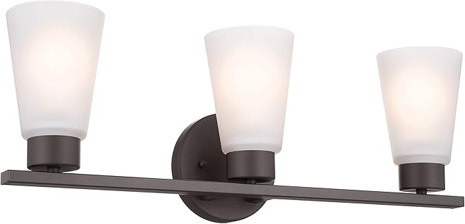 Kichler Stamos 3-Light Bathroom Vanity Light Fixture with Satin Etched Glass Shades, 22 in Modern Wall Light in Olde Bronze for over Mirror (22 in x 5 in x 8 in), 45887NI
