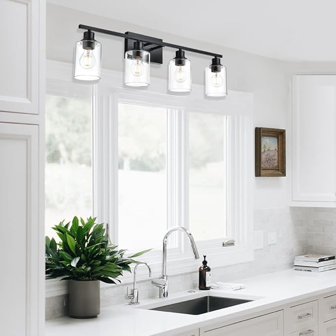 VINLUZ 4-Lights Black Bathroom Vanity Light Fixtures with Clear Cylinder Glass Shade,Industrial Metal Wall Mounted Lighting Over Mirror