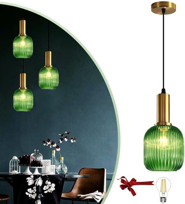 Stunning Green Striped Glass Pendant Light Fixture, 7.87", Bonus 2 A60 Bulbs Included, 2-Pack with Flexible Cords – Enchanting Addition to Kitchen Island, Bedroom Décor