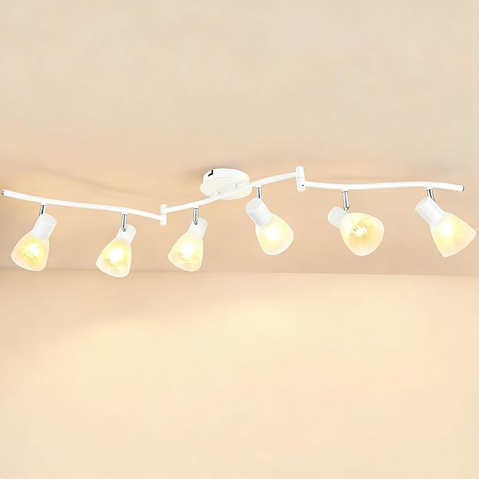 HiBay 6-Light Track Lighting White, Flexible Ceiling Light Fixture w/Glass Shades, Modern Track Spot Lights Indoor for Kitchen, Living Room, Dining Room, E12 Base, No Bulbs
