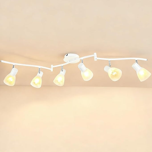HiBay 6-Light Track Lighting White, Flexible Ceiling Light Fixture w/Glass Shades, Modern Track Spot Lights Indoor for Kitchen, Living Room, Dining Room, E12 Base, No Bulbs
