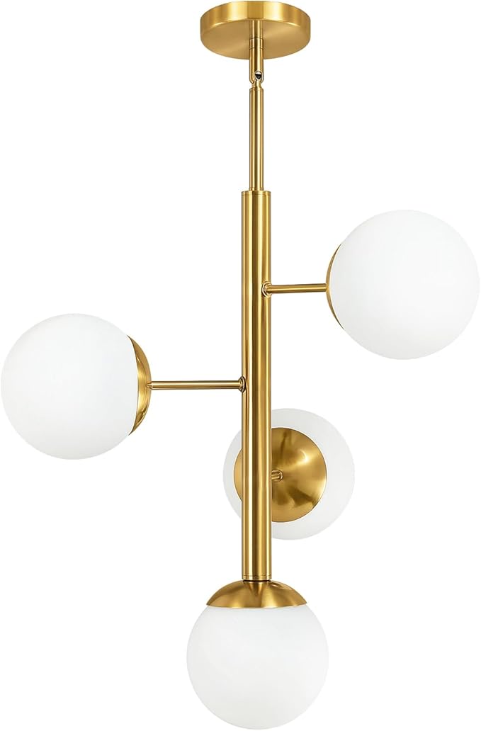 Modern Sputnik Chandelier Ceiling Light Fixture, 4-Light Semi Flush Mount Gold Chandelier with Globe Milky Frosted Glass Shade Adjustable Dining Room Sputnik Ceiling Light for Kitchen, Hallway