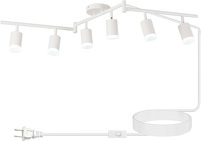 Plug in Track Lighting Kit, 120cm LED 6 Light Kitchen Track Lighting Corded Wall Light with 16.4ft Cord 6 Way Ceiling Spot Lighting Flexibly Rotatable Head Includes 6xGU10 Bulb (6 White-Acrylic-120cm)