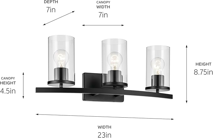 Kichler Crosby 23" 3-Light Vanity Light with Clear Glass in Black, for Bathroom, Powder Room, (23" x 8.75"), 45497BKCLR