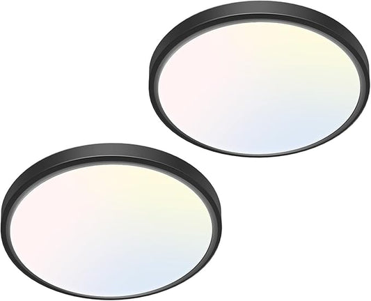 libtit 7 inch Flush Mount LED Ceiling Light Fixture, 3000K-6500K Adjustable, 15W 1500lm Black Satin Round Ceiling Lamp for Bathroom Hallway Kitchen Bedroom, 2 Pack