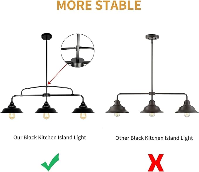Modern Farmhouse Black Pendant Lighting Fixture, 3-Lights Industrial Linear Chandelier Metal Hanging Lamp for Kitchen Island Dining Room Living Room Hallway Pool Table
