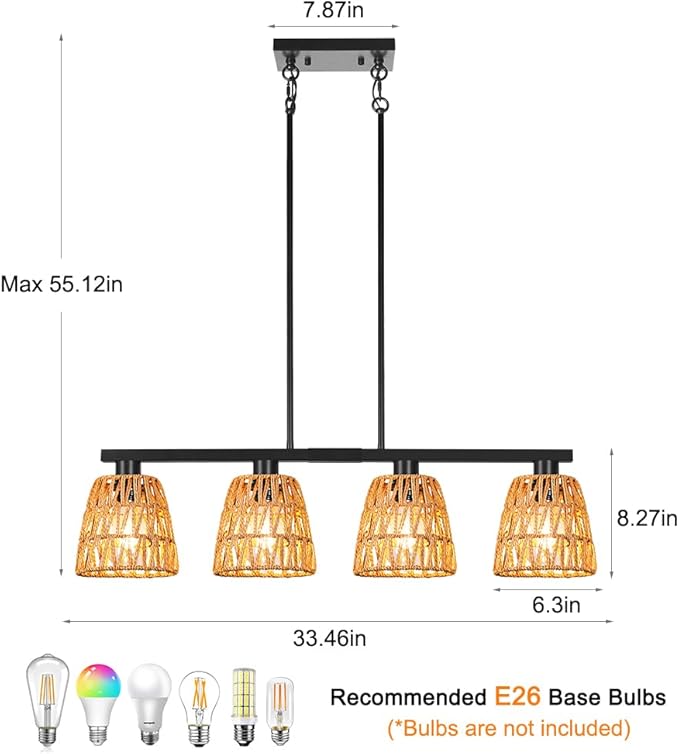 Black 4-Light Kitchen Island Lighting, Boho Rattan Dining Room Light Fixture, Farmhouse Island Light for Kitchen with Shade, Adjustable Linear Chandelier Pendant Lights Kitchen Island Over Bars, Table