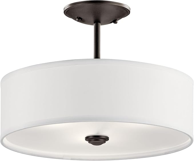 Kichler Shailene 14" 3 Light Round Semi Flush with Satin Etched White Diffuser and White Microfiber Shade in Olde Bronze