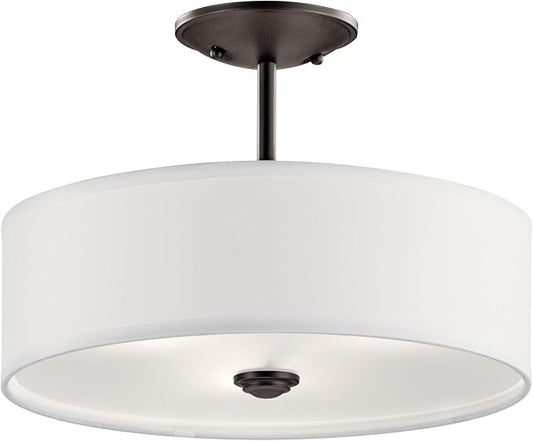 Kichler Shailene 14" 3 Light Round Semi Flush with Satin Etched White Diffuser and White Microfiber Shade in Olde Bronze