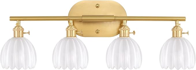 Shenmoyl Bathroom Light Fixtures, 4-Light Brass Vanity wall Light Over Mirror with White Tulip Glass Shade for Bedroom Living Room (Bulb Not Included)