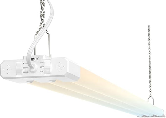 JESLED 4FT LED Shop Lights, 4000K/5000K/6500K Selectable, 30W/40W/50W Adjustable, 5400-7500LM, Commercial Linkable Utility LED Light for Garage, Plug and Play, Ceiling & Suspension Mount, ETL,1P