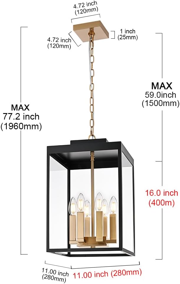 MELUCEE Large Outdoor Pendant Light Fixtures 6-Light Hanging Porch Lights Ceiling Mount 16'' Lantern Pendant Lights Black Brass Outside Chandelier with Clear Glass for Porch Patio Gazebo Entrance