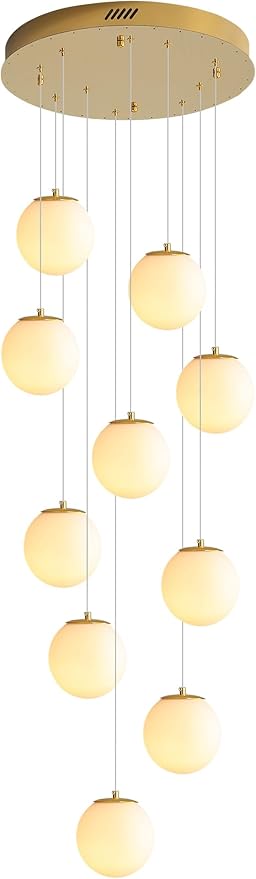 ykolupty 10-Light Gold Chandelier with White Globe Glass Dimmable Ceiling Light Glass Pendant Light for Kitchen Island, Dining Room, Living Room, Entry Hallway, LED Bulbs Included