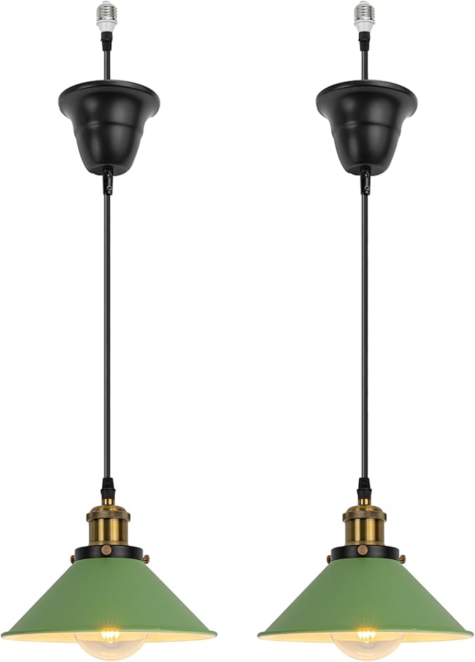 2 Pcs Ceiling Lights Conversion Pendant E26 Base Connections Adjusted Wire Length Cone Metal Green Lampshade Industrial Style Conversion Kit for E26 Ceiling Lamp Fixtures