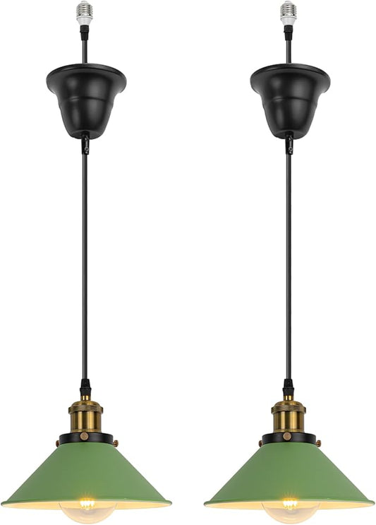 2 Pcs Ceiling Lights Conversion Pendant E26 Base Connections Adjusted Wire Length Cone Metal Green Lampshade Industrial Style Conversion Kit for E26 Ceiling Lamp Fixtures