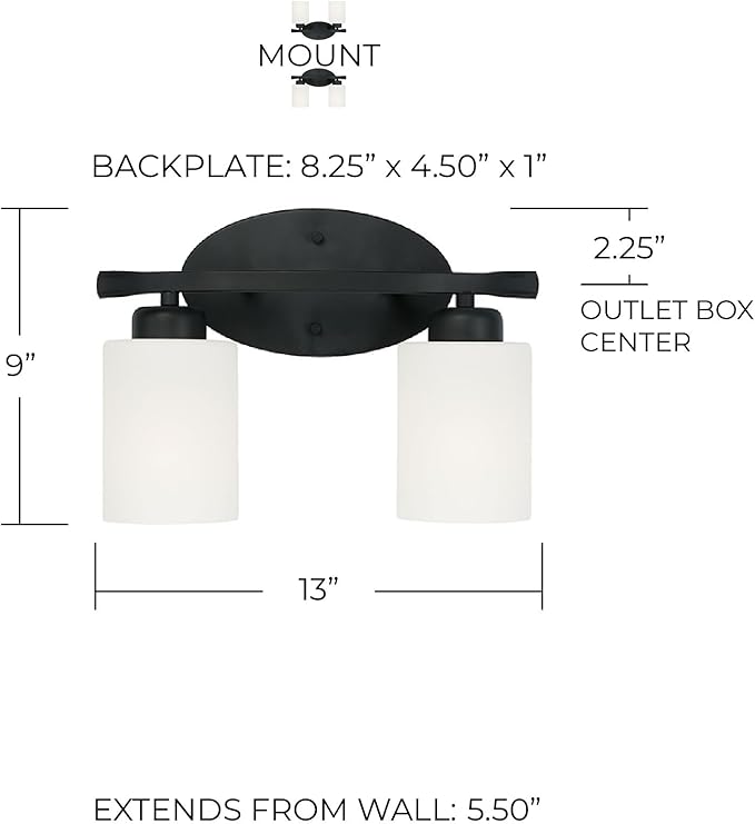 HomePlace by Capital Lighting 115221MB-338 Dixon Modern Soft White Glass Bathroom Vanity Wall Light, 2-Light 200 Total Watts, 9" H x 13" W, Matte Black