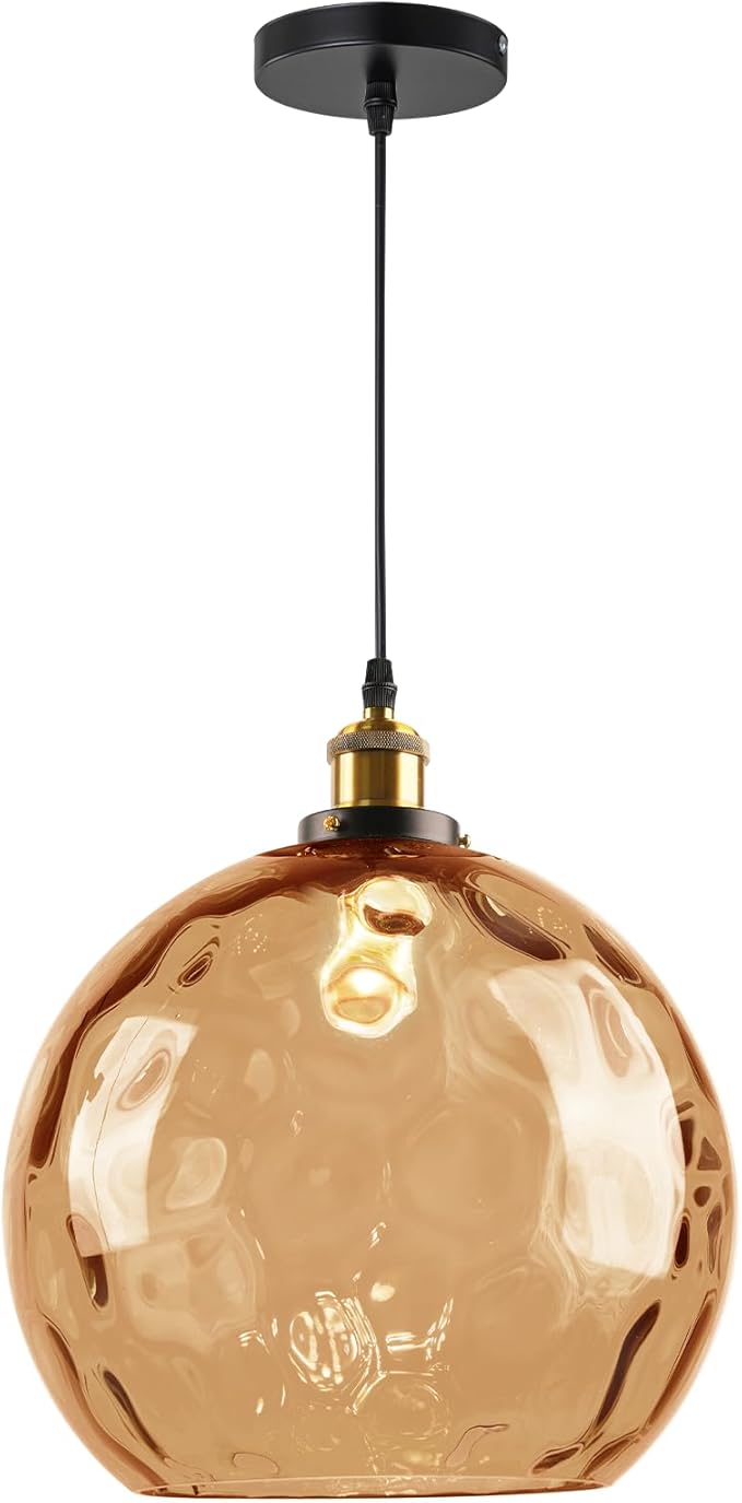 Vintage Amber Pendant Lighting, 13.8" Large Glass Pendant Light with Hammered Globe Shade, Modern Farmhouse Black and Gold Pendant Hanging Light Fixture for Kitchen Island Dining Room Bedroom