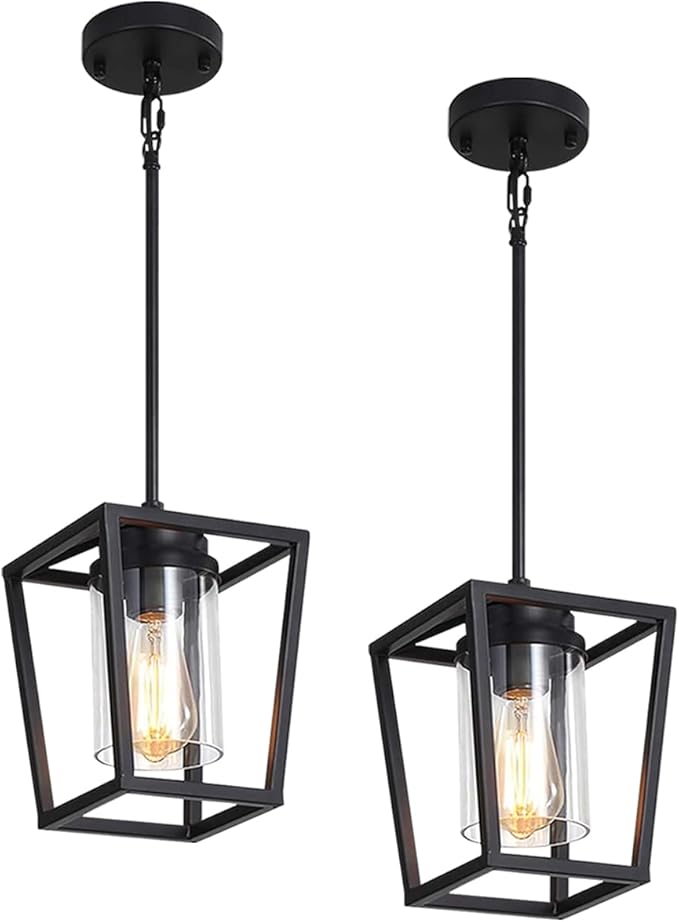 2 Pack Black Pendant Lights Kitchen Island, Modern Glass Kitchen Pendant Lighting Over Island Farmhouse Kitchen Hanging Light Fixtures for Dining Room Bathroom Hallway Foyer Lighting