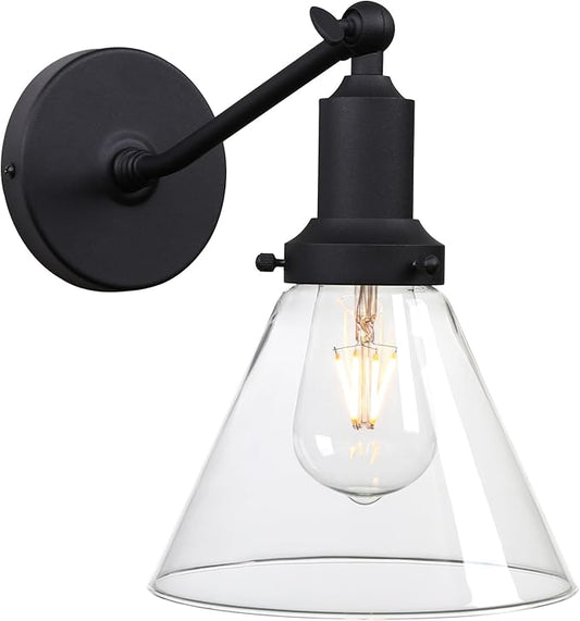 PERMO Industrial Vintage Slope Pole Wall Mount Single Sconce with Funnel Flared Clear Glass Shade Wall Sconce Light Lamp Fixture (Matte Black)