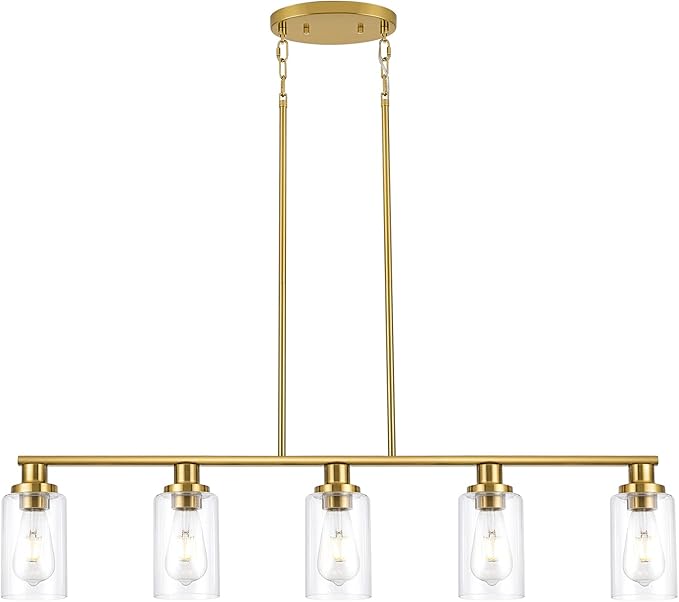 Kitchen Island Lighting, 5-Light Modern Dining Room Light Fixtures Over Table,Farmhouse Gold Linear Chandeliers for Dining Room, Industrial Pendant Lights Fixture with Clear Glass Shade