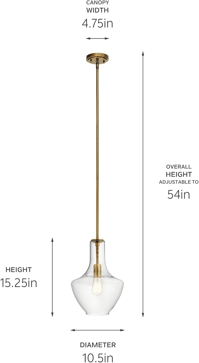 KICHLER Everly 15.25" 1-Light Bell Pendant with Clear Glass in Natural Brass, for a Kitchen Island, Dining Nook, or Home Bar, (15.25" x 10.5") 42456NBR