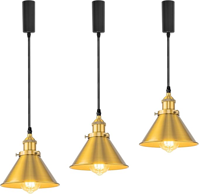 3-Pack Adjusted Wire Length H-Type Track Hanging Light 3.9 Ft Black Cord E26 Base Gold Metal Pendant Light Fixture,Industrial Style Lamp for Loft Aisle Bedroom Balcony(No Bulb,No Track)