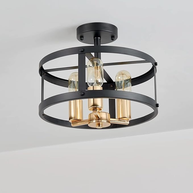 AGV LIGHTING Farmhouse Semi Flush Mount Ceiling Light Fixture， 3-Light Close to Ceiling Light, Shiny Gold & Matte Black Finish