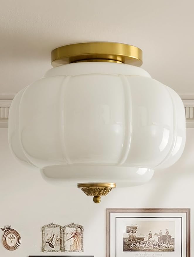 Milk Glass Ceiling Light Fixture 15 inch Semi Flush Mount Ceiling Light Mid Century Gold Modern Ceiling Lamp for Kitchen Dining Room Bedroom and Hallway(White) E26
