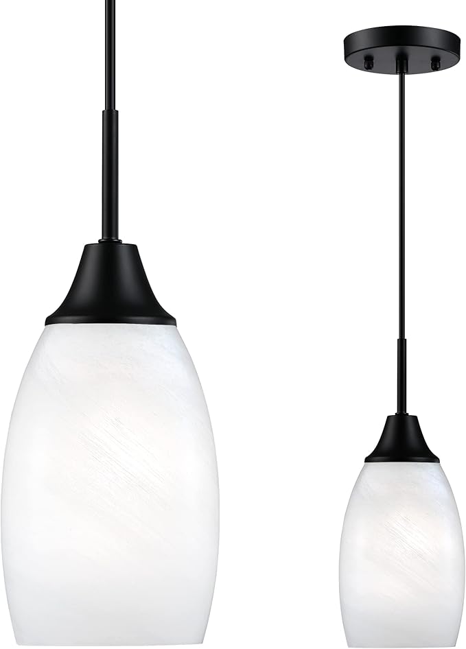 Viinew Mini Glass Pendant Light,1-Light Handblown White Oval Art Glass Hanging Pendant Light for Kitchen Island,Dining Room,Living,Foyer,Hallway, Entry Matte Black Metal