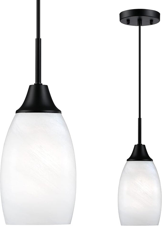 Viinew Mini Glass Pendant Light,1-Light Handblown White Oval Art Glass Hanging Pendant Light for Kitchen Island,Dining Room,Living,Foyer,Hallway, Entry Matte Black Metal
